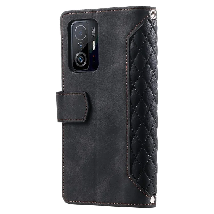 Für Xiaomi 11t 5G / 11t Pro 5G Magnetic Phone Case, 005 Leder-rhombus-textur Gut Geschützter Stand Wallet Reißverschluss Pocket Folio Flip Shell Mit Riemen - Schwarz
