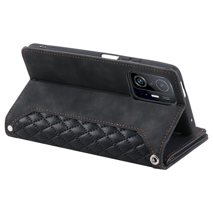 Für Xiaomi 11t 5G / 11t Pro 5G Magnetic Phone Case, 005 Leder-rhombus-textur Gut Geschützter Stand Wallet Reißverschluss Pocket Folio Flip Shell Mit Riemen - Schwarz