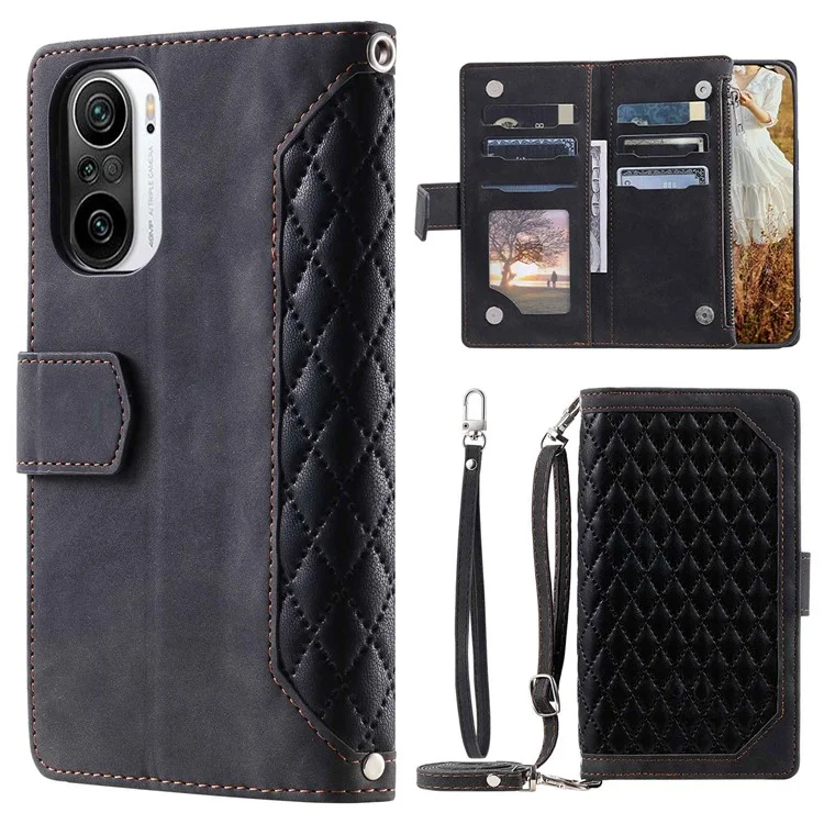 Für Xiaomi Poco F3 5G / Mi 11i / Redmi K40 5G / K40 Pro 5G Mobilfunkkoffer, 005 Wallet Leder -telefonhülle Rhombus Textur Einstellbarer Ständer Design Reißverschluss Taschen -magnetabdeckung Mit Riemen - Schwarz