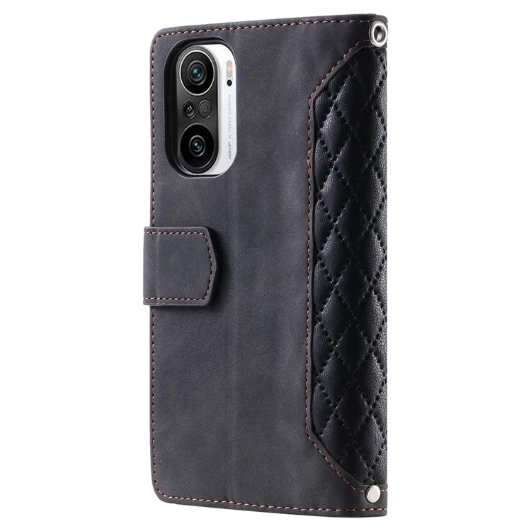 Für Xiaomi Poco F3 5G / Mi 11i / Redmi K40 5G / K40 Pro 5G Mobilfunkkoffer, 005 Wallet Leder -telefonhülle Rhombus Textur Einstellbarer Ständer Design Reißverschluss Taschen -magnetabdeckung Mit Riemen - Schwarz