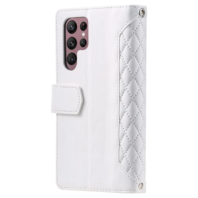 005 Style For Samsung Galaxy S22 Ultra 5G, Shockproof Phone Wallet Cover Zipper Pocket Anti-wear Case Rhombus Texture PU Leather Shell Stand with Strap Card Holder - White