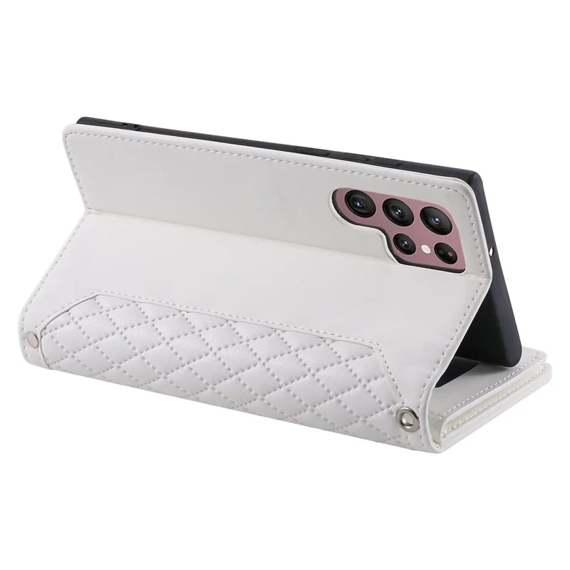 005 Style For Samsung Galaxy S22 Ultra 5G, Shockproof Phone Wallet Cover Zipper Pocket Anti-wear Case Rhombus Texture PU Leather Shell Stand with Strap Card Holder - White