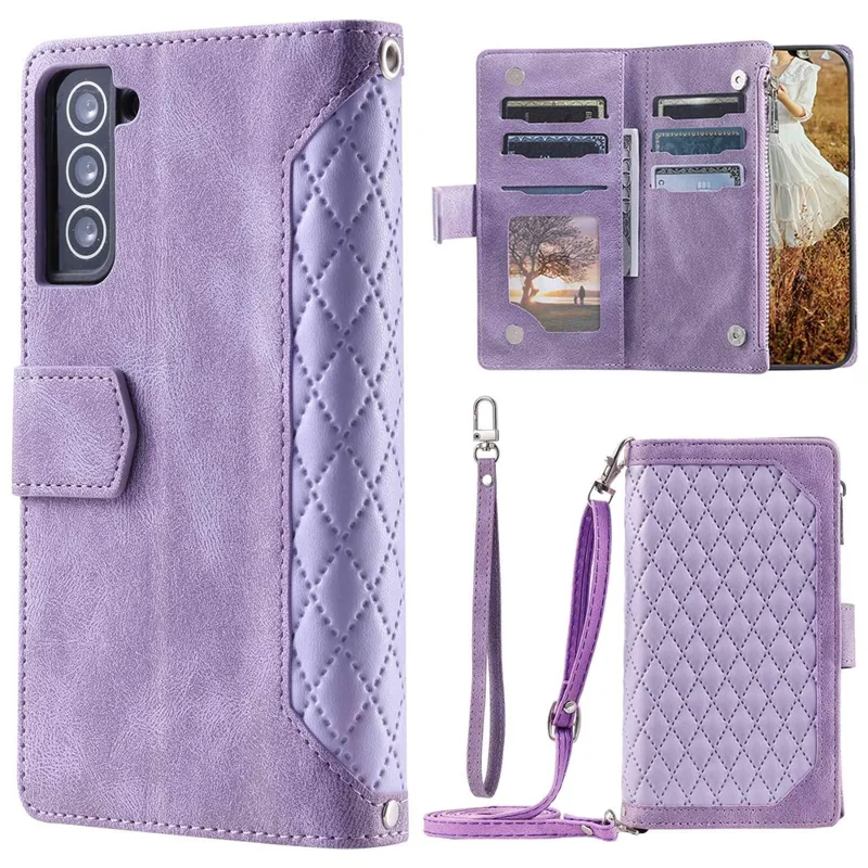 005 Style for Samsung Galaxy S21 4G / 5G, Shockproof Wallet Case Rhombus Texture Zipper Pocket PU Leather Anti-fall Phone Cover Stand - Purple