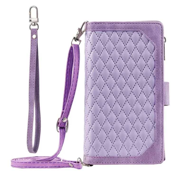 005 Style for Samsung Galaxy S21 4G / 5G, Shockproof Wallet Case Rhombus Texture Zipper Pocket PU Leather Anti-fall Phone Cover Stand - Purple