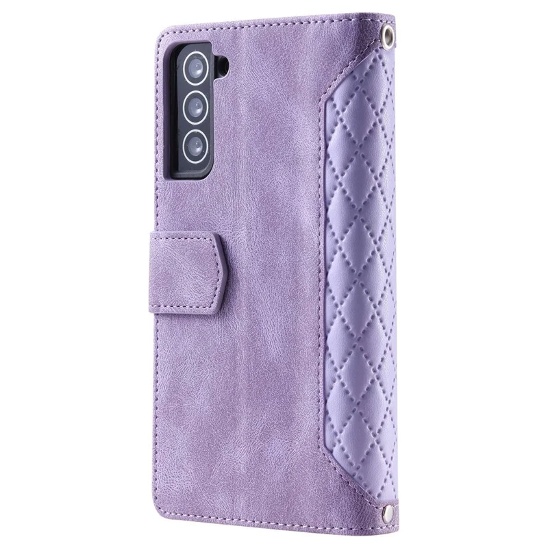 005 Style for Samsung Galaxy S21 4G / 5G, Shockproof Wallet Case Rhombus Texture Zipper Pocket PU Leather Anti-fall Phone Cover Stand - Purple