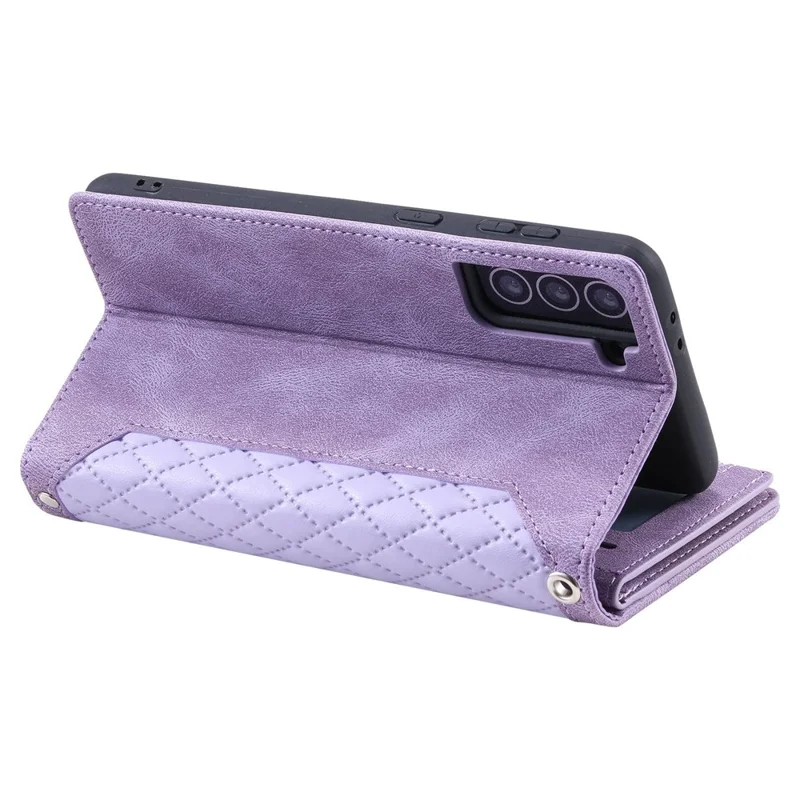 005 Style for Samsung Galaxy S21 4G / 5G, Shockproof Wallet Case Rhombus Texture Zipper Pocket PU Leather Anti-fall Phone Cover Stand - Purple