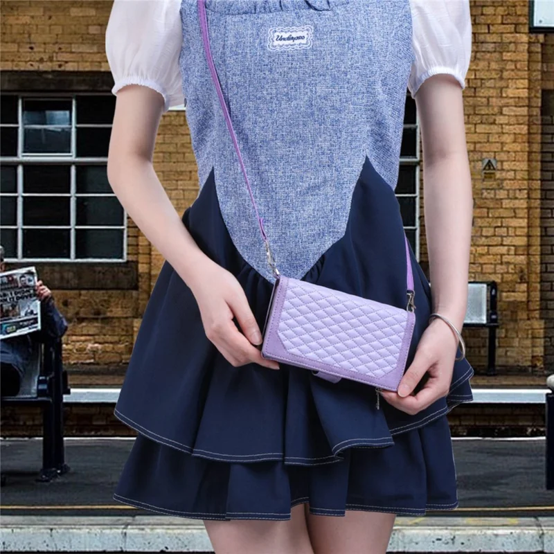 005 Style for Samsung Galaxy S21 4G / 5G, Shockproof Wallet Case Rhombus Texture Zipper Pocket PU Leather Anti-fall Phone Cover Stand - Purple