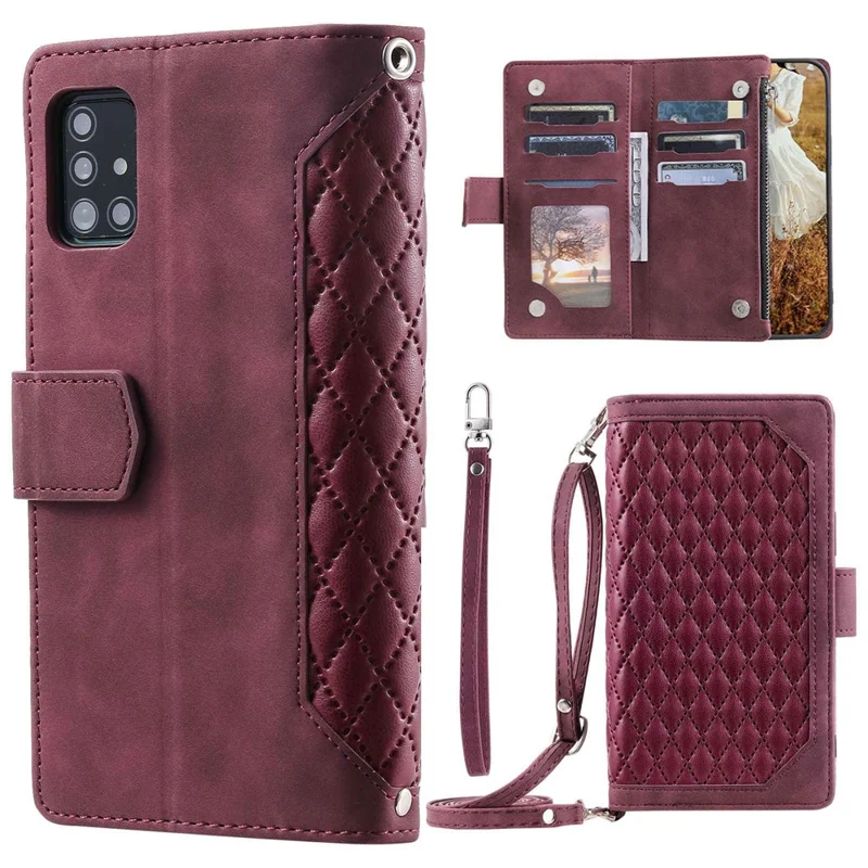 005 Style For Samsung Galaxy A51 4G SM-A515, Rhombus Texture Wallet Style PU Leather Phone Case Zipper Pocket Stand Feature Shell with Strap - Wine Red
