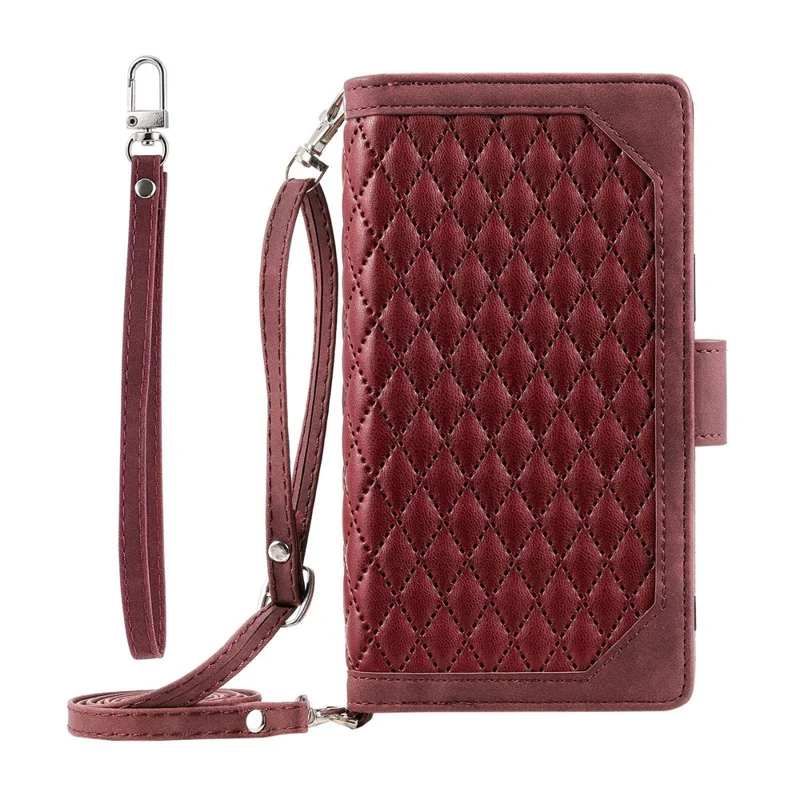 005 Style For Samsung Galaxy A51 4G SM-A515, Rhombus Texture Wallet Style PU Leather Phone Case Zipper Pocket Stand Feature Shell with Strap - Wine Red