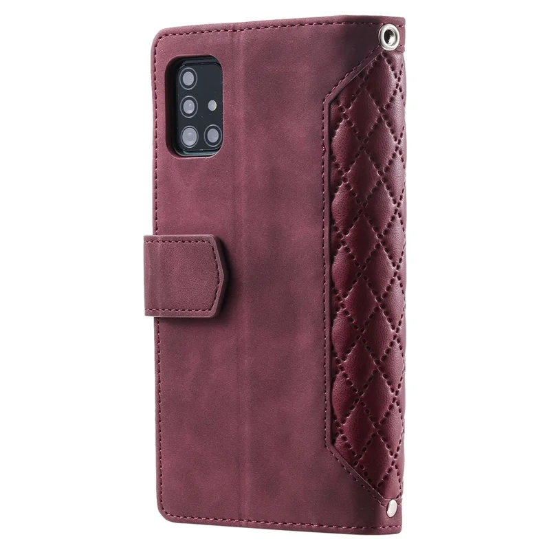 005 Style For Samsung Galaxy A51 4G SM-A515, Rhombus Texture Wallet Style PU Leather Phone Case Zipper Pocket Stand Feature Shell with Strap - Wine Red