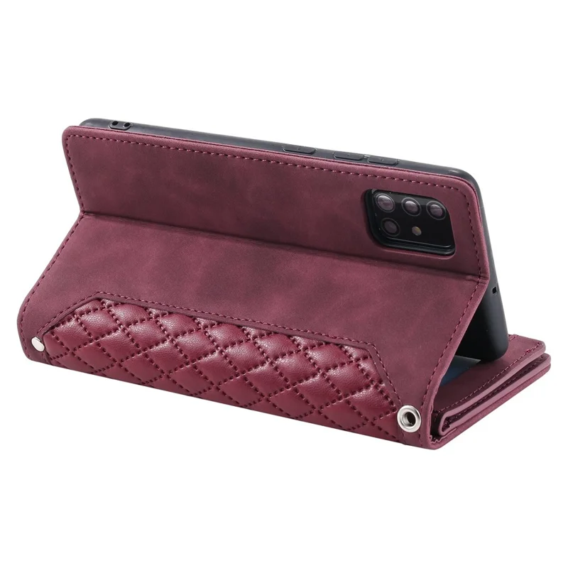 005 Style For Samsung Galaxy A51 4G SM-A515, Rhombus Texture Wallet Style PU Leather Phone Case Zipper Pocket Stand Feature Shell with Strap - Wine Red