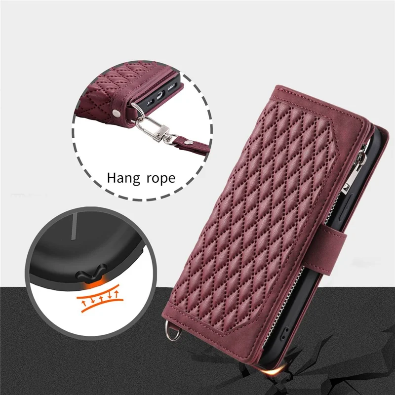 005 Style For Samsung Galaxy A51 4G SM-A515, Rhombus Texture Wallet Style PU Leather Phone Case Zipper Pocket Stand Feature Shell with Strap - Wine Red