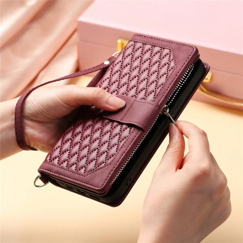 005 Style For Samsung Galaxy A51 4G SM-A515, Rhombus Texture Wallet Style PU Leather Phone Case Zipper Pocket Stand Feature Shell with Strap - Wine Red