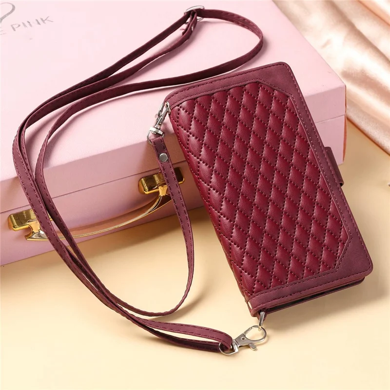 005 Style For Samsung Galaxy A51 4G SM-A515, Rhombus Texture Wallet Style PU Leather Phone Case Zipper Pocket Stand Feature Shell with Strap - Wine Red