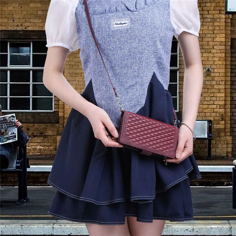 005 Style For Samsung Galaxy A51 4G SM-A515, Rhombus Texture Wallet Style PU Leather Phone Case Zipper Pocket Stand Feature Shell with Strap - Wine Red