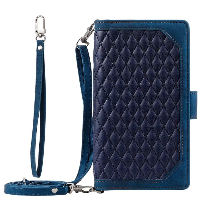 005 Style For Samsung Galaxy A52 4G / 5G / A52s 5G, Rhombus Texture PU Leather Stand Phone Case Zipper Pocket Wallet Style Shell with Strap - Blue