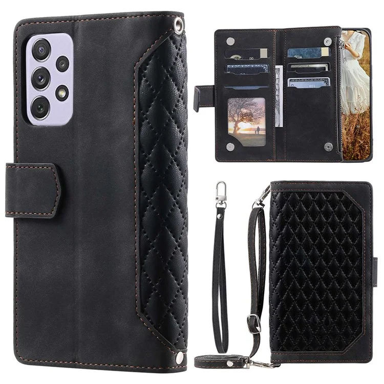 Étui pour téléphone portable en cuir PU avec texture de losange, style portefeuille avec poche zippée et sangle - Noir, pour Samsung Galaxy A52 4G / 5G / A52s 5G