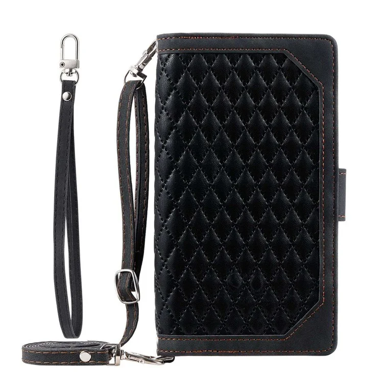 Étui pour téléphone portable en cuir PU avec texture de losange, style portefeuille avec poche zippée et sangle - Noir, pour Samsung Galaxy A52 4G / 5G / A52s 5G