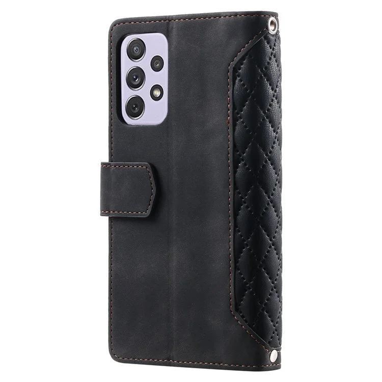 Étui pour téléphone portable en cuir PU avec texture de losange, style portefeuille avec poche zippée et sangle - Noir, pour Samsung Galaxy A52 4G / 5G / A52s 5G