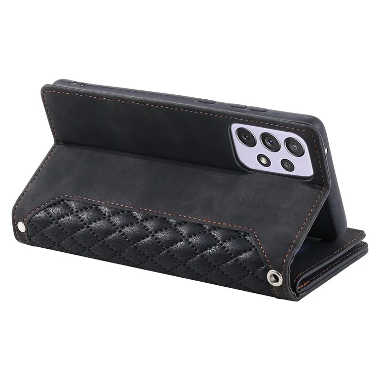 Étui pour téléphone portable en cuir PU avec texture de losange, style portefeuille avec poche zippée et sangle - Noir, pour Samsung Galaxy A52 4G / 5G / A52s 5G
