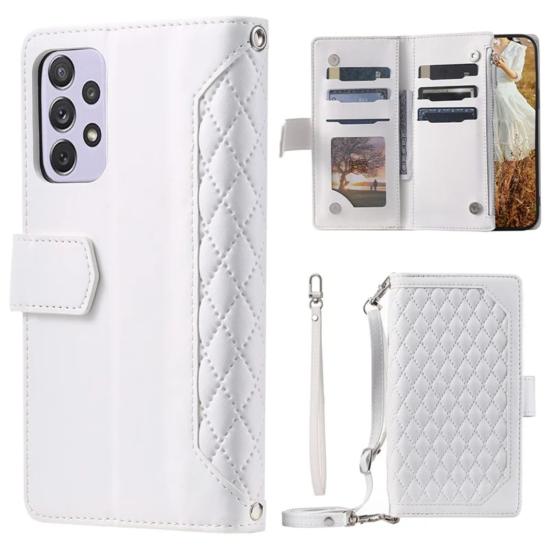 005 Style For Samsung Galaxy A52 4G / 5G / A52s 5G, Rhombus Texture PU Leather Stand Phone Case Zipper Pocket Wallet Style Shell with Strap - White