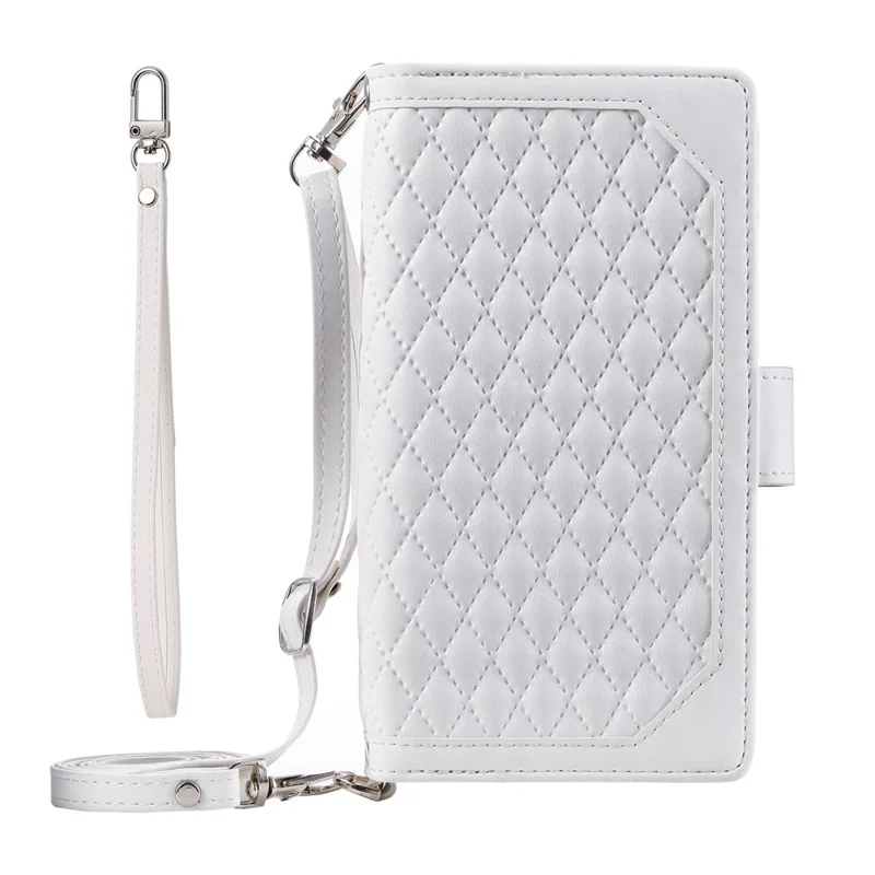005 Style For Samsung Galaxy A52 4G / 5G / A52s 5G, Rhombus Texture PU Leather Stand Phone Case Zipper Pocket Wallet Style Shell with Strap - White