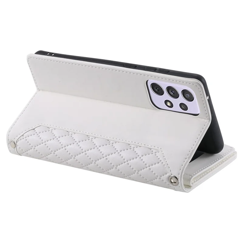 005 Style For Samsung Galaxy A52 4G / 5G / A52s 5G, Rhombus Texture PU Leather Stand Phone Case Zipper Pocket Wallet Style Shell with Strap - White