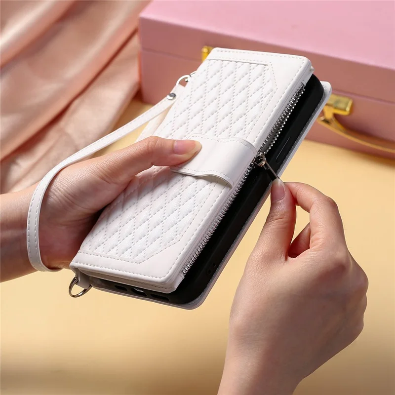005 Style For Samsung Galaxy A52 4G / 5G / A52s 5G, Rhombus Texture PU Leather Stand Phone Case Zipper Pocket Wallet Style Shell with Strap - White