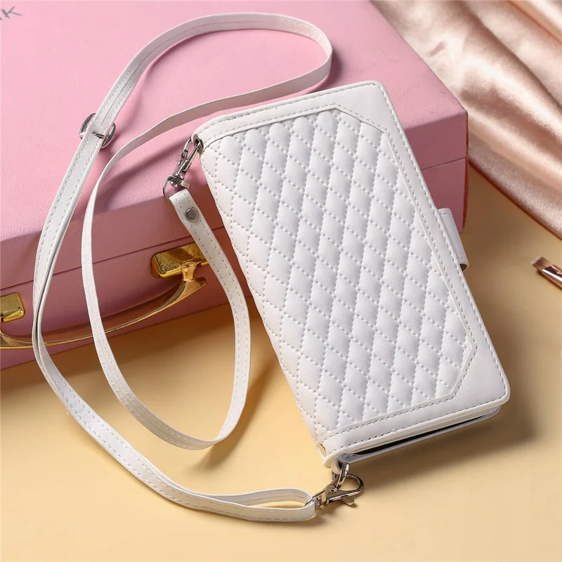005 Style For Samsung Galaxy A52 4G / 5G / A52s 5G, Rhombus Texture PU Leather Stand Phone Case Zipper Pocket Wallet Style Shell with Strap - White