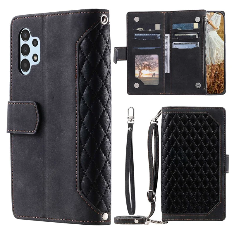 For Samsung Galaxy A32 5G / M32 5G 005 Style Zipper Pocket Rhombus Texture Leather Wallet Stand Shockproof Phone Case with Shoulder Strap and Hand Strap - Black