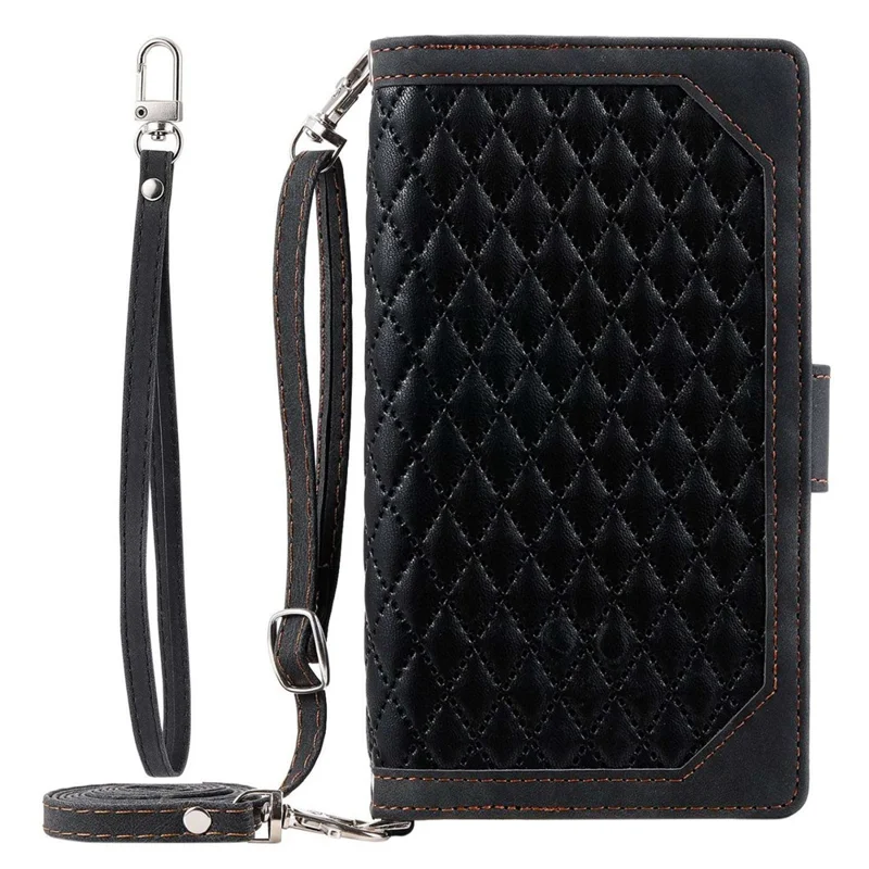 For Samsung Galaxy A32 5G / M32 5G 005 Style Zipper Pocket Rhombus Texture Leather Wallet Stand Shockproof Phone Case with Shoulder Strap and Hand Strap - Black