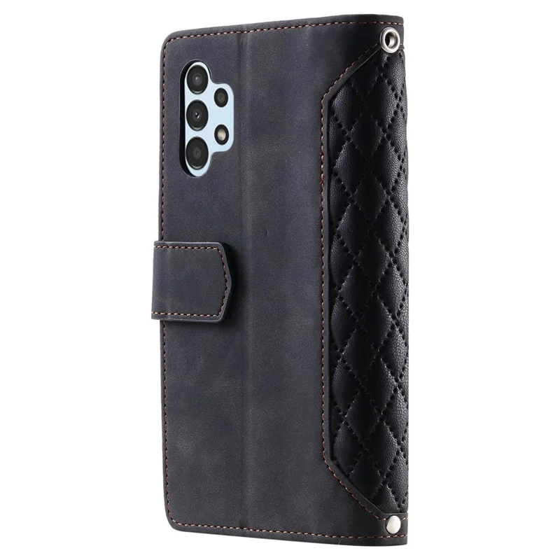 For Samsung Galaxy A32 5G / M32 5G 005 Style Zipper Pocket Rhombus Texture Leather Wallet Stand Shockproof Phone Case with Shoulder Strap and Hand Strap - Black