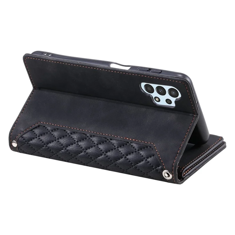 For Samsung Galaxy A32 5G / M32 5G 005 Style Zipper Pocket Rhombus Texture Leather Wallet Stand Shockproof Phone Case with Shoulder Strap and Hand Strap - Black