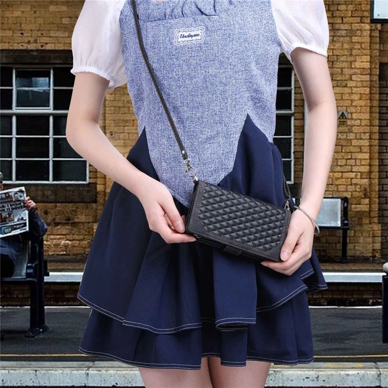 For Samsung Galaxy A32 5G / M32 5G 005 Style Zipper Pocket Rhombus Texture Leather Wallet Stand Shockproof Phone Case with Shoulder Strap and Hand Strap - Black