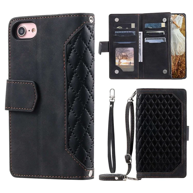 Pour iPhone 7 / 8 4,7 pouces / iPhone SE (2022) / SE (2020) 005 Style Zipper Pocket Rhombus Texture Leather Wallet Stand Phone Case avec bandoulière et sangle pour la main - Noir