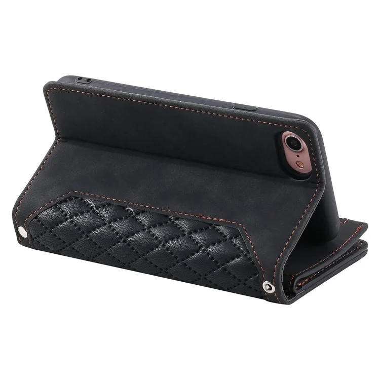 Pour iPhone 7 / 8 4,7 pouces / iPhone SE (2022) / SE (2020) 005 Style Zipper Pocket Rhombus Texture Leather Wallet Stand Phone Case avec bandoulière et sangle pour la main - Noir
