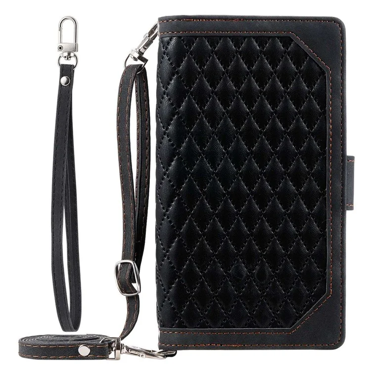 Rhombus Texture Phone Case for iPhone X / XS 5.8 inch, 005 Style Multiple Card Slots Zipper Pocket PU Leather Cover with Shoulder Strap and Hand Strap - Black