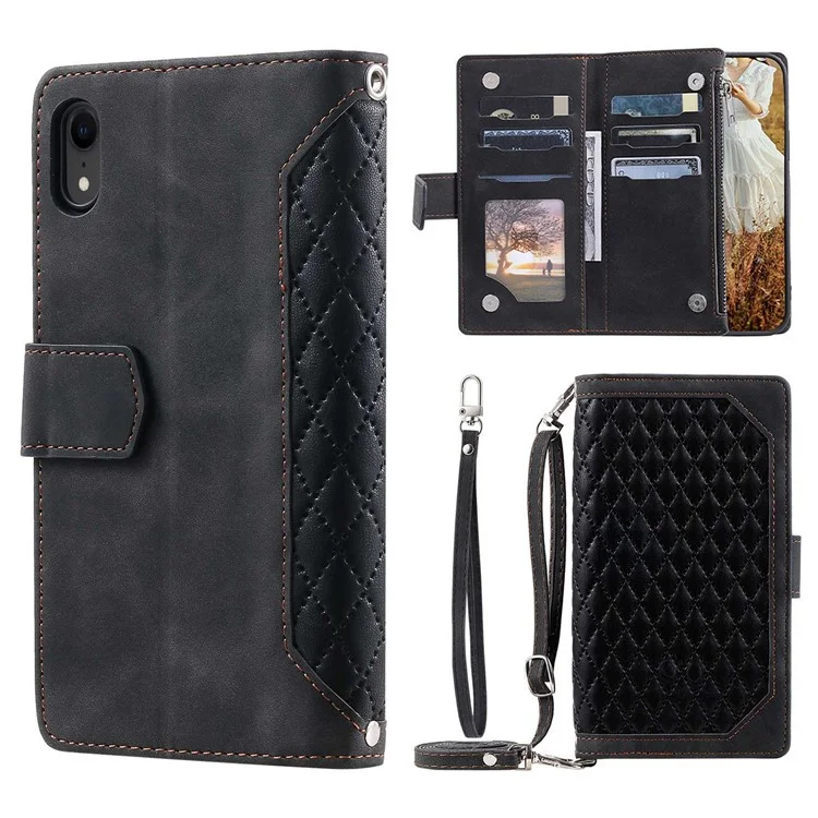 Zipper Pocket Leather Phone Cover for iPhone XR 6.1 inch, 005 Style Rhombus Texture Multiple Card Slots Stand Case with Shoulder Strap and Hand Strap - Black