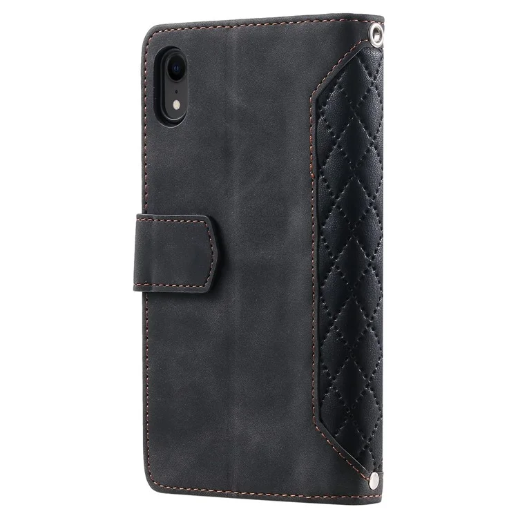 Zipper Pocket Leather Phone Cover for iPhone XR 6.1 inch, 005 Style Rhombus Texture Multiple Card Slots Stand Case with Shoulder Strap and Hand Strap - Black