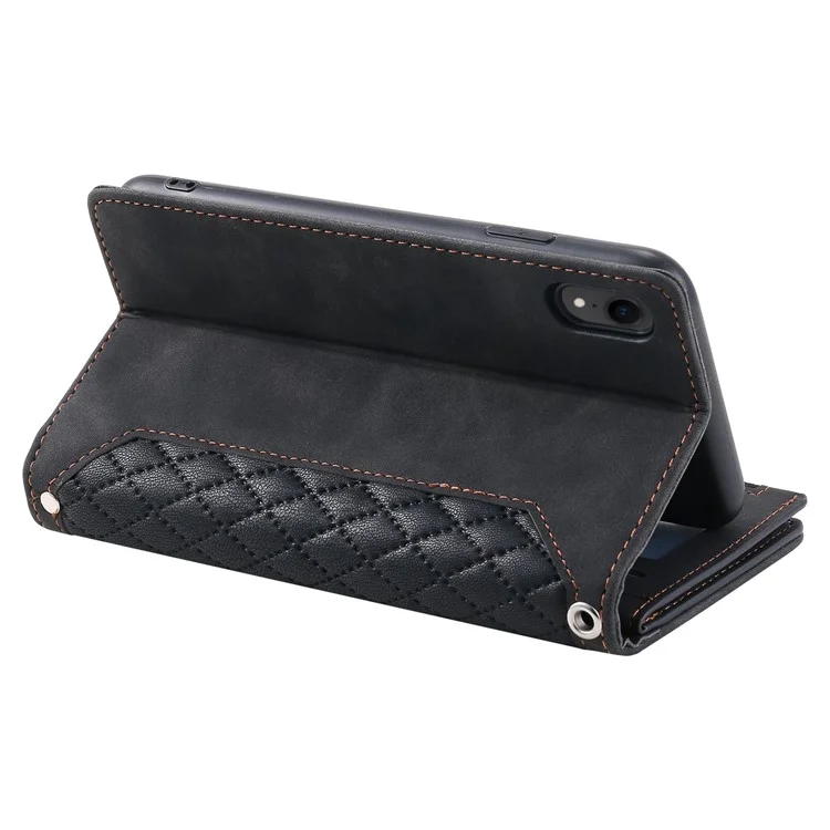 Zipper Pocket Leather Phone Cover for iPhone XR 6.1 inch, 005 Style Rhombus Texture Multiple Card Slots Stand Case with Shoulder Strap and Hand Strap - Black