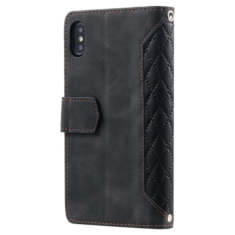 Zipper Pocket Leather Case for iPhone XS Max 6.5 inch, 005 Style Rhombus Texture Stand Shockproof Phone Cover with Shoulder Strap and Hand Strap - Black