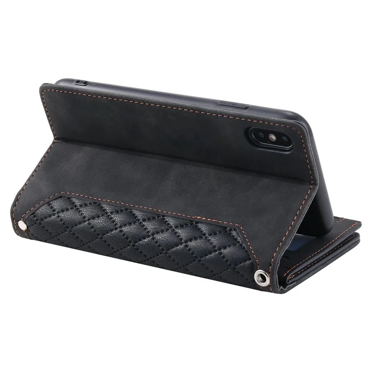 Zipper Pocket Leather Case for iPhone XS Max 6.5 inch, 005 Style Rhombus Texture Stand Shockproof Phone Cover with Shoulder Strap and Hand Strap - Black