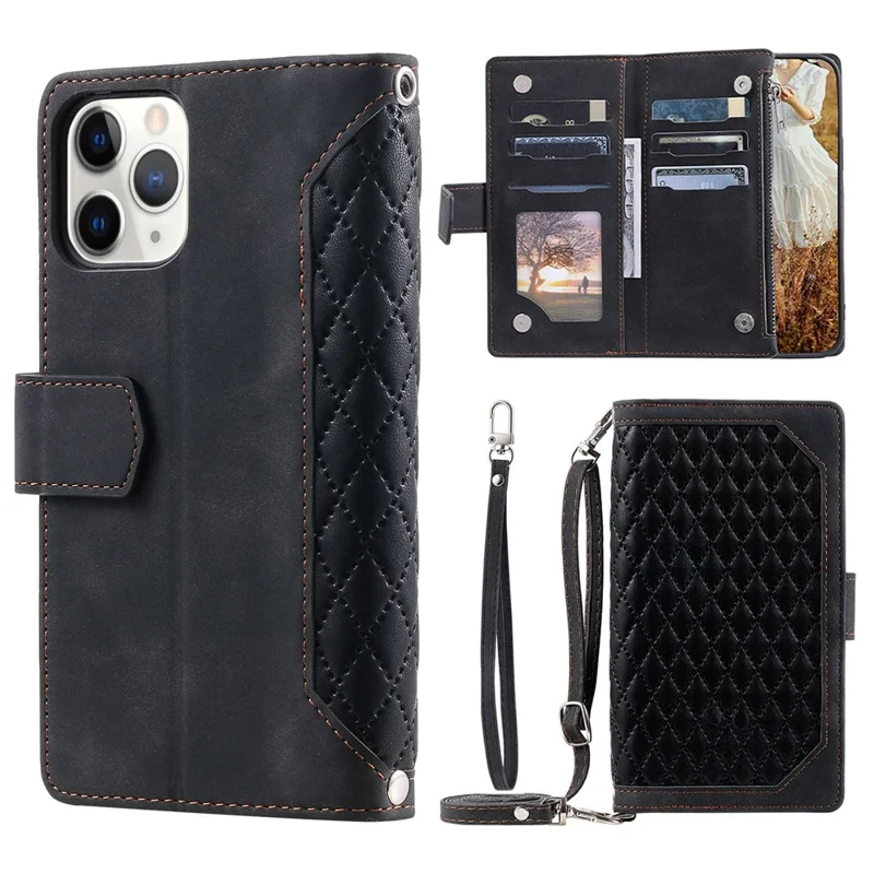 For iPhone 11 Pro 5.8 inch 005 Style Multiple Card Slots Rhombus Texture PU Leather Zipper Pocket Stand Phone Case with Shoulder Strap and Hand Strap - Black