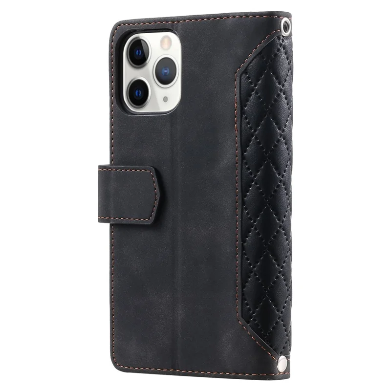 For iPhone 11 Pro 5.8 inch 005 Style Multiple Card Slots Rhombus Texture PU Leather Zipper Pocket Stand Phone Case with Shoulder Strap and Hand Strap - Black
