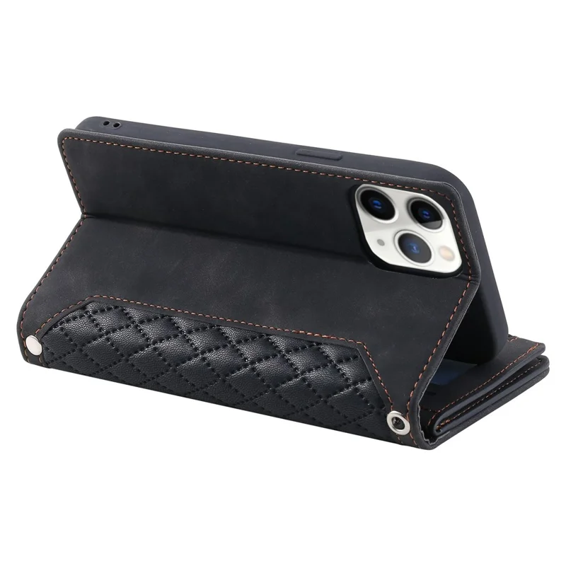 For iPhone 11 Pro 5.8 inch 005 Style Multiple Card Slots Rhombus Texture PU Leather Zipper Pocket Stand Phone Case with Shoulder Strap and Hand Strap - Black
