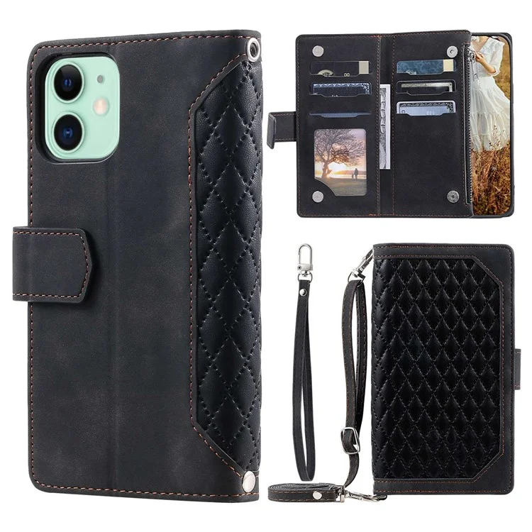 Pour iPhone 11 6.1 pouces 005 Style Drop-proof Rhombus Texture Leather Wallet Cover Stand Zipper Pocket Phone Case with Shoulder Strap and Hand Strap - Noir