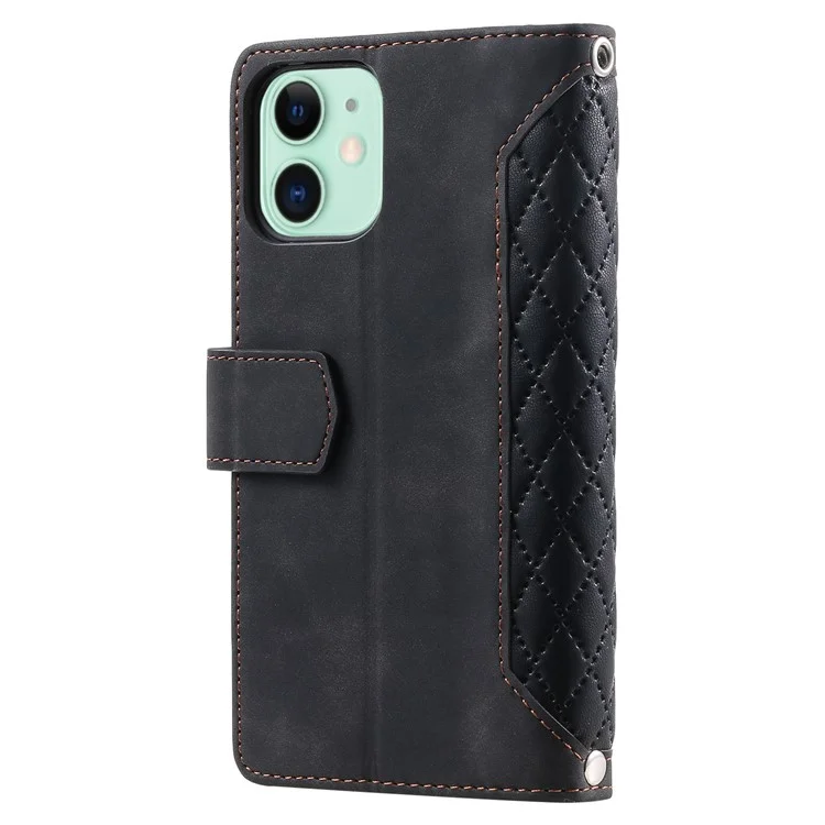 Pour iPhone 11 6.1 pouces 005 Style Drop-proof Rhombus Texture Leather Wallet Cover Stand Zipper Pocket Phone Case with Shoulder Strap and Hand Strap - Noir
