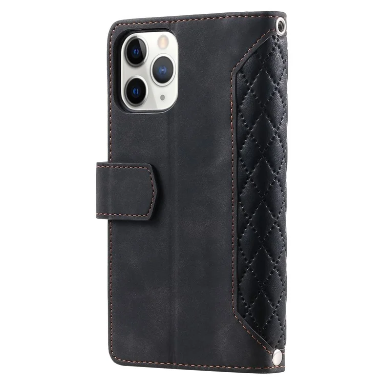 005 Case de Teléfono a Prueba de Caída de Estilo Para Iphone 11 Pro Max 6.5 Pulgadas, Textura de Cuero Rhombus Protección de Cuerpo de Cuerpo Cubierta de Billetera Con Bolsillo de Cremallera - Negro