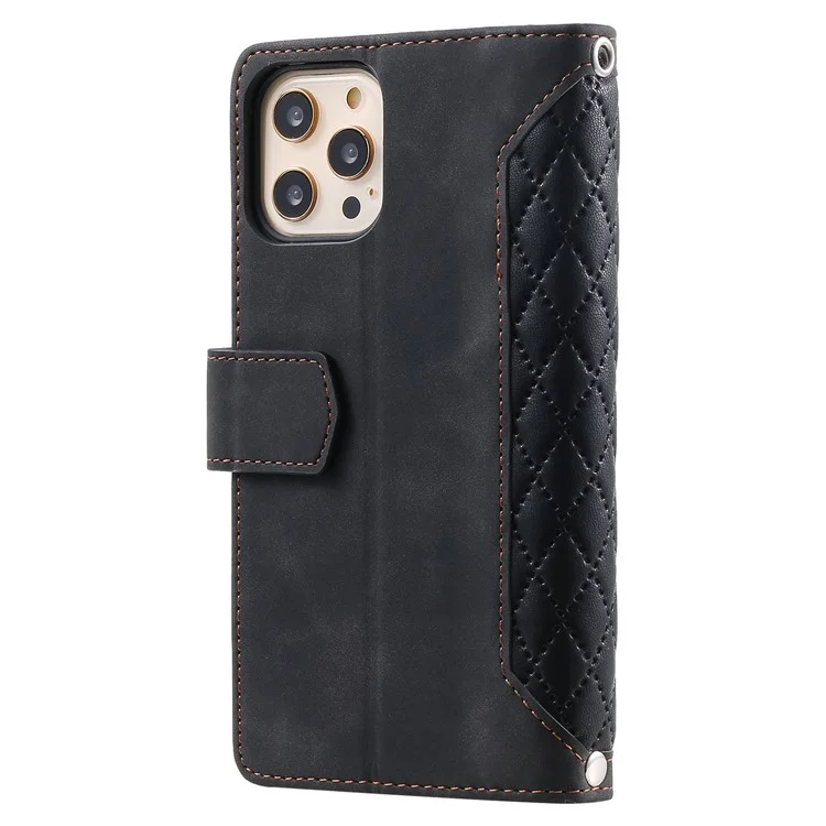 005 Style Anti-scratch Phone Wallet Case for iPhone 12 Pro Max 6.7 inch, Full Protection Rhombus Texture Zipper Pocket PU Leather Mobile Phone Cover Stand with Strap - Black