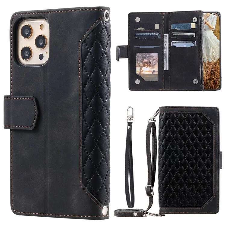 005 Style Phone Wallet Case For iPhone 12 6.1 inch / 12 Pro 6.1 inch, Card Holder Anti-drop PU Leather Rhombus Texture Zipper Pocket Phone Cover Stand with Strap - Black